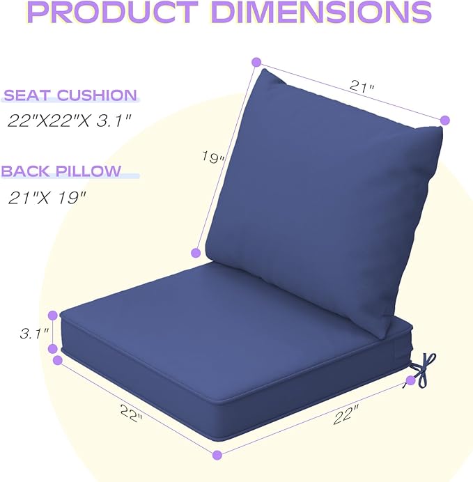 Outdoor Chair Cushions Set of 4, 22 x 22 Inch Patio Furniture Cushions with Splash-Proof Covers, Outdoor Cushions for Patio Furniture Replacement, Navy Blue