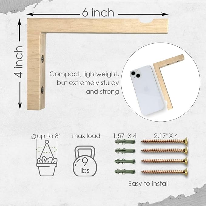 EvenWood 2-Piece Set of Plant Hooks for Wall 6 Inch - L-Shaped Mounted Wooden Plant Hook - Indoor and Outdoor Bracket Plant Hanger for Planters, Lanterns, Bird Feeders and Plant Basket (Natural)