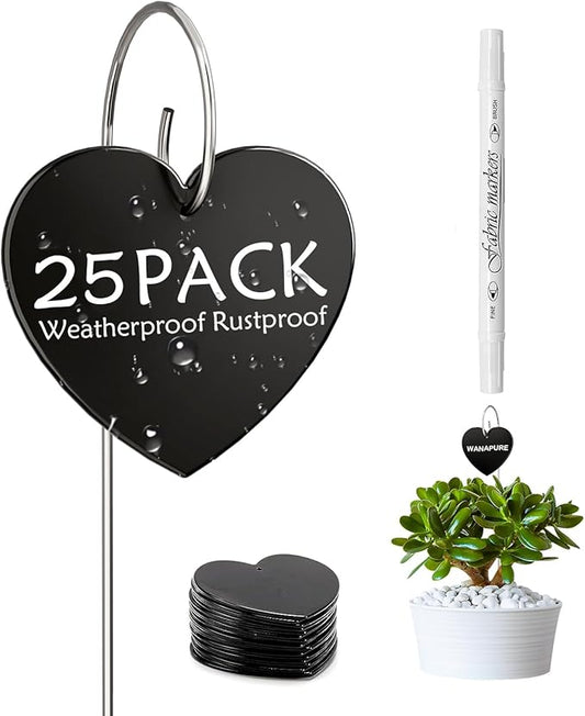25-Pack Iron Metal Heart Shaped Garden Markers Weatherproof Metal Plant Labels Large Planting Seedling Stake Signs, for Seedlings Herbs Vegetable Greenhouse Gifts with White Marker Pen Labels