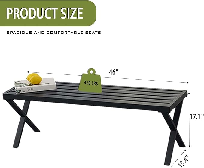 Outdoor Metal Backless Bench Weatherproof Patio Bench with Slatted Seat, X-Shaped Legs, All-Weather Garden Bench for Porch, Patio, Lawn and Backyard, Black