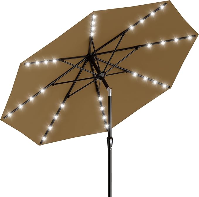 AreShark 9FT Patio Umbrella with Solar Lights, 32 LED Lighted Pool Umbrella w/Tilt and Crank, Outdoor Market Solar Umbrellas for Garden, Deck, Backyard, Pool and Beach, Khaki