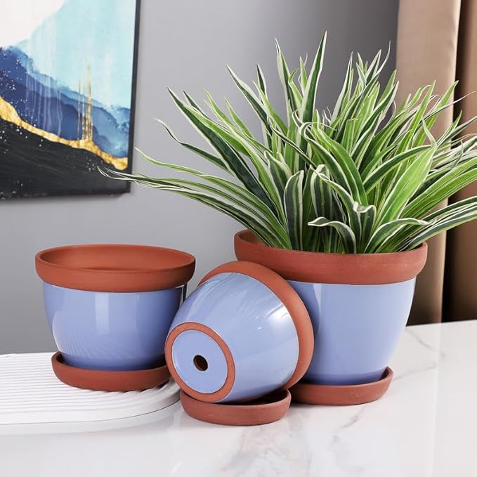 Yishang Glazed Terracotta Pots with Saucers, Set of 3, 5", 6", and 7" Sizes, Ceramic Clay Planter Pots with Drainage Holes - Blue