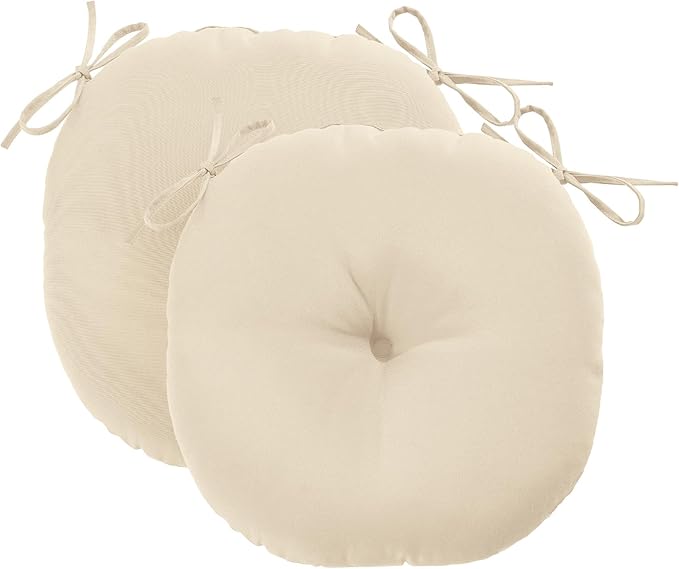 downluxe Bistro Chair Cushions for Patio Furniture, Water-Resistant Round Outdoor Chair Cushions Set of 2 with Non-Slip Ties, 15" x 15", Beige