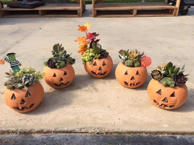 Terracotta Jack-o'-Lantern Pumpkin with Witch Hat – Handmade Clay Halloween Decoration – Rustic Fall Centerpiece – 2-Piece Natural Pumpkin Planter – Indoor Outdoor Autumn Decor
