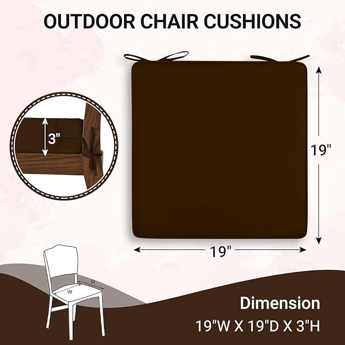 downluxe Waterproof Outdoor Chair Cushions Set of 4, 19" x 19" x 3" Patio Chair Cushion with Non-Slip Ties & Handle, Square Outdoor Cushion for Patio Furniture with Removable Cover, Brown