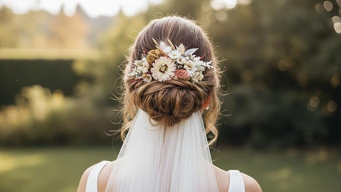 Rustic Preserved Dried Flower Hair Comb Natural Floral Headband with Daisy Cream Mixed Flowers for Women Brides Bridesmaids Flower Girls Family Photography