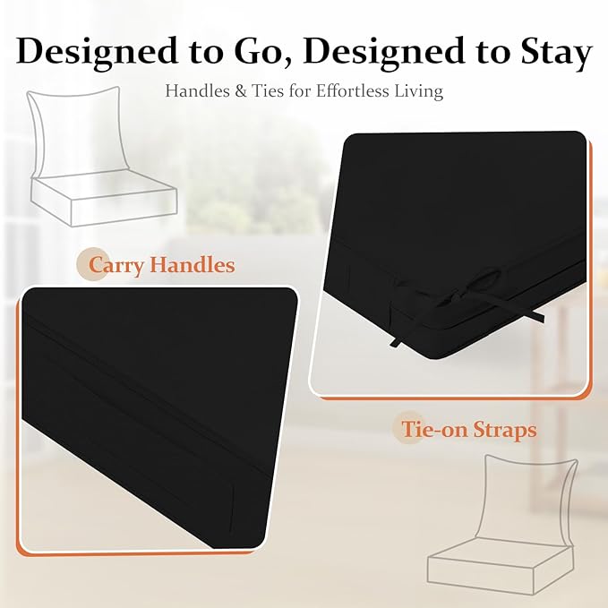 downluxe 22x22 Outdoor Chair Cushions, Waterproof Fade Resistant Patio Furniture Cushions with Handle & Removable Cover, Deep Seat Outdoor Cushions for Sofa, Couch and Patio Chairs, Black
