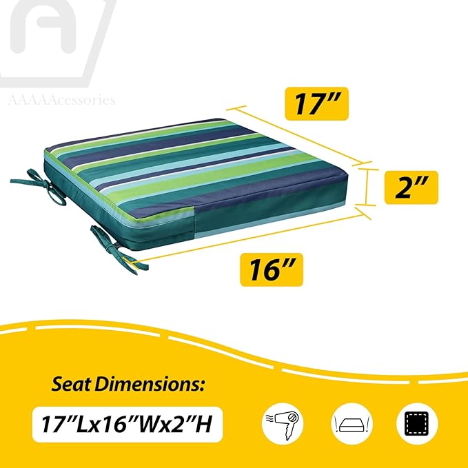 AAAAAcessories Outdoor Seat Cushions for Chairs, Waterproof, Fade-Resistant, 17" x 16" x 2", Patio Furniture Replacement Cushions, Set of 2, Ash Teal Seaside Stripe