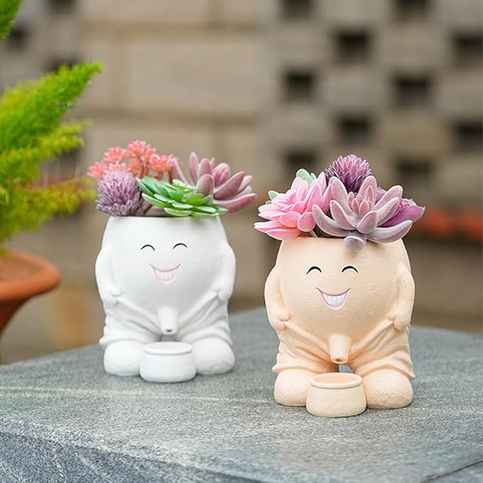 Urinating Pot Head Planter Cute Smiley Face Doll Flower Pot Naughty Doll Plant Planter with Drain Resin Smile Vase Tabletop Decor Suitable for Grow Succulents Cactus Herbs (No Plants) (White)