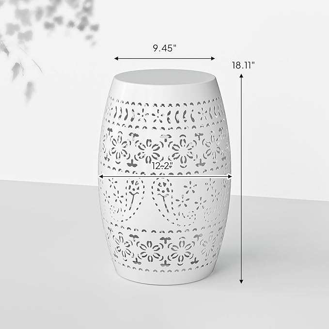 Outdoor Accent Iron Side Table,9.4" Steel Patio End Table, Round Hollow Drum Patio Garden Stool,Round,Iron Decorative Garden Stool,for Indoor and Outdoor,White