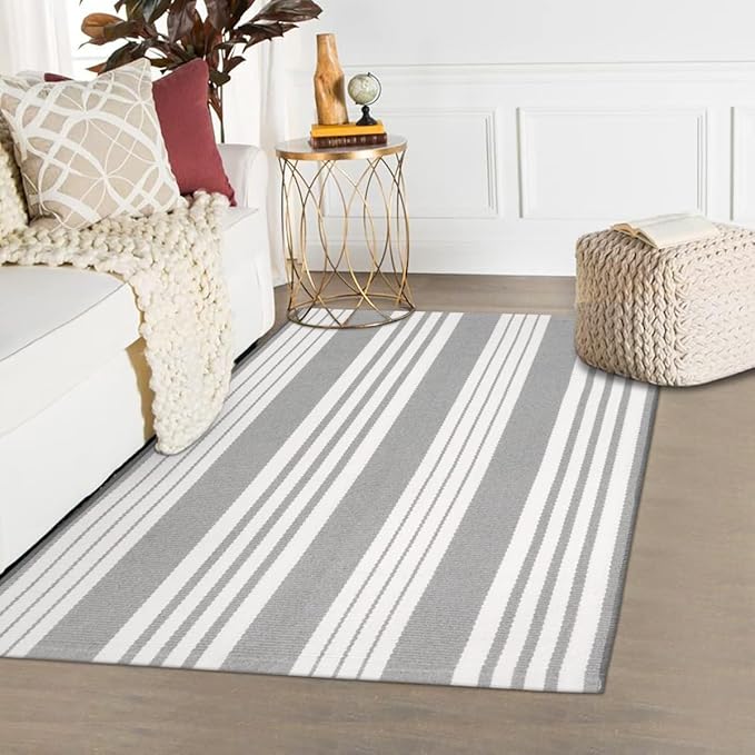 OJIA Entryway Rug 3'x5' Cotton Hand Woven Front Door Mat Outdoor Doormat Machine Washable Outdoor Rugs Grey and White Striped Entry Rug Porch Rugs for Farmhouse/Bedroom/Home Entrance Decor