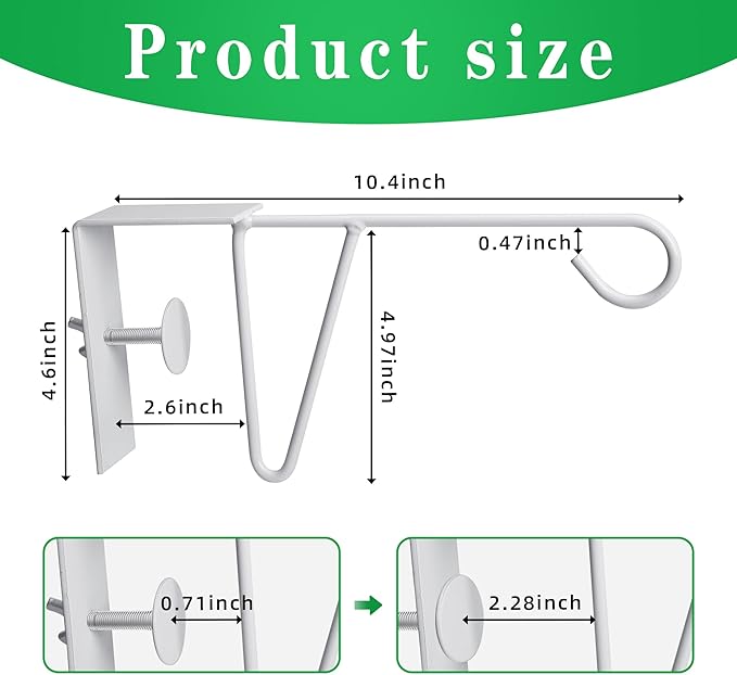 moonoom 2 Pack Adjustable Vinyl Fence Hooks,5 x 10 Inches Durable White Patio Hooks Coated Steel Fence Hangers for Hanging Flower Baskets, Wind Chimes, Planters, Lights (2pcs White)