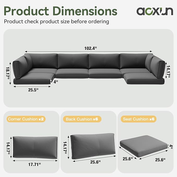 Aoxun Replacement Cushions for Outdoor Furniture, 14-Piece Outdoor Cushions for Patio Furniture, Deep Seat, Splash-Proof & Fade Resistant Couch Cushion for 6-Seat Patio Conversation Sets, Grey