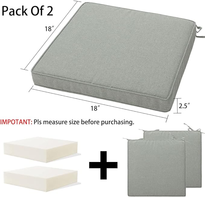 Magpie Fabrics Indoor Outdoor Waterproof Square Chair Cushion, 18" x 18" x 2.5", 2 Pack, Water Resistant Seat Cushions, for Patio Garden Office, Grey