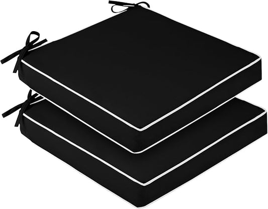 downluxe Waterproof Outdoor Chair Cushions Set of 2, 19" x 19" x 3" Patio Chair Cushion with Non-Slip Ties & Handle, Square Outdoor Cushion for Patio Furniture with Removable Cover, Black/White