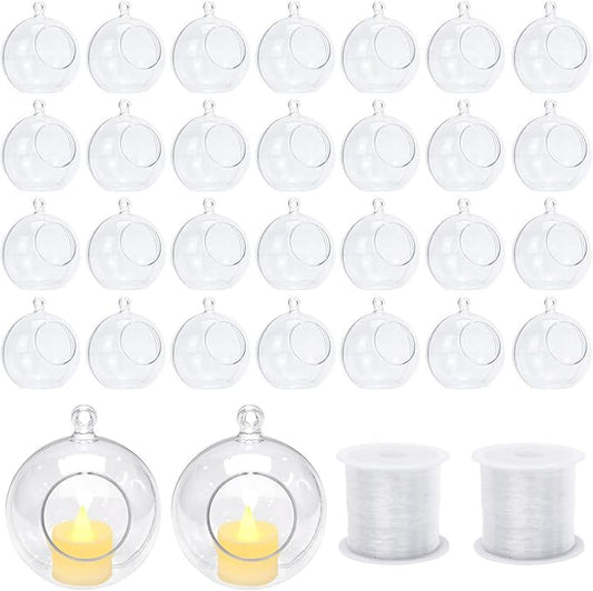 30 Pcs Hanging Candle Holder Clear Plastic Terrarium Globe Hanging Tea Lights Candle Holder for Plants Wedding Christmas Party Centerpiece Decor, 260 Ft Fishing Line, 3.54 inch