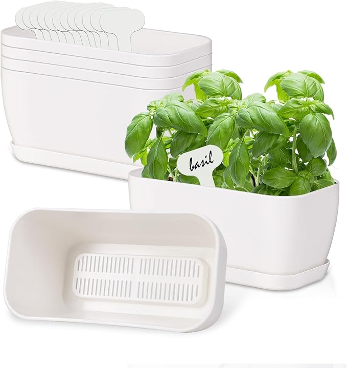 Herb Garden Planter Set, Plastic Plant Pots with Drainage and Saucer, Indoor Succulent Cactus Vegetable Pot for Windowsill, Garden Balcony, Green, Set of 6