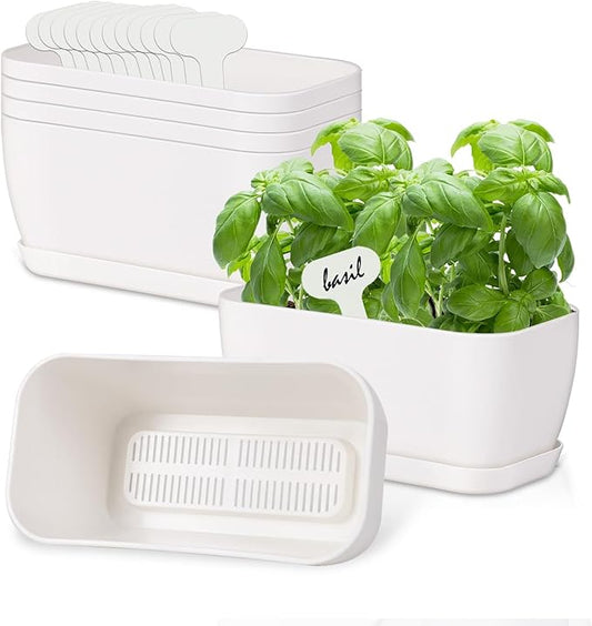 Herb Garden Planter Set, Plastic Plant Pots with Drainage and Saucer, Indoor Succulent Cactus Vegetable Pot for Windowsill, Garden Balcony, Green, Set of 6