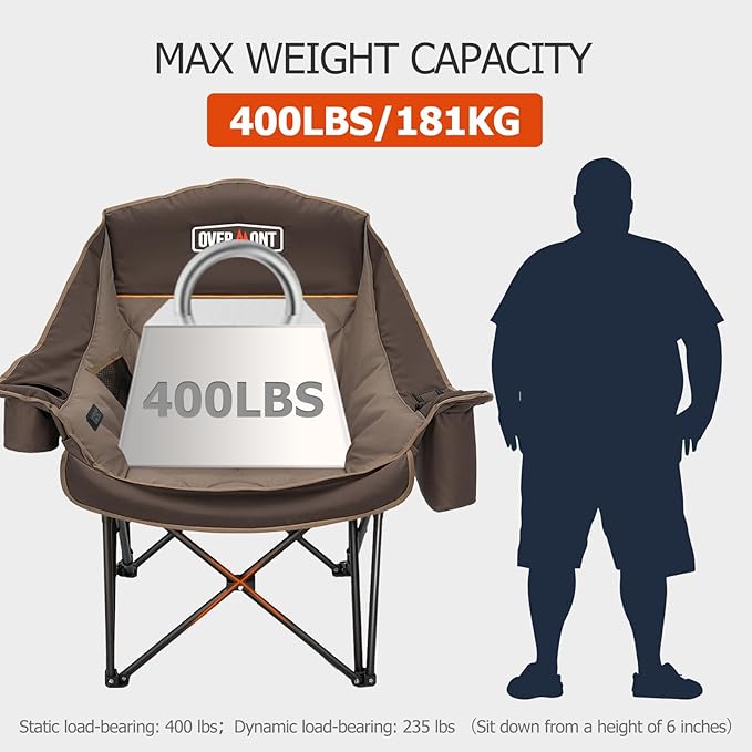 Overmont Heated Oversized Camping Chair for Adults - 3 Heat Levels Seat & Back Separately Control - 400lbs Support Heavy Duty Padded Folding Chair Outdoor Garden Portable - Battery NOT Included