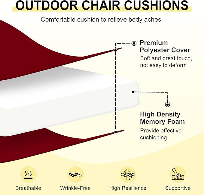 downluxe Outdoor Chair Cushions Set of 2 for Patio Furniture, Water-Resistant Patio Chair Cushions with Ties, High Density Foam Outdoor Seat Cushion, 17" X 16" X 2", Burgundy