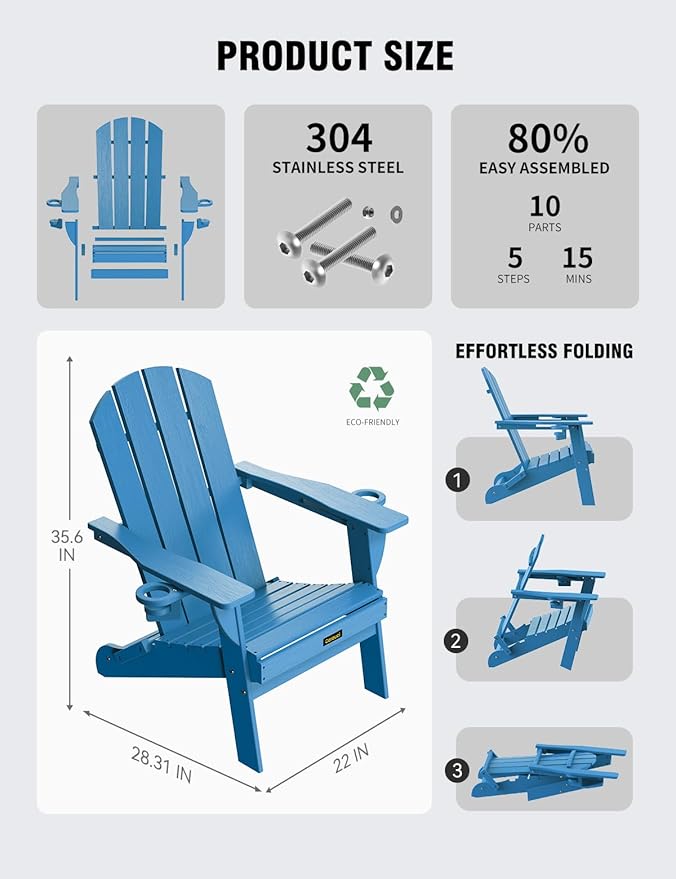 Folding Adirondack Chair, Wooden Textured Plastic Adirondack Chairs with 2 Cup Holder, Weather Resistant HDPE Fire Pit Chair, Outdoor Patio Chairs for Garden, Backyard, Lawn, Deck, 380LBS, Blue