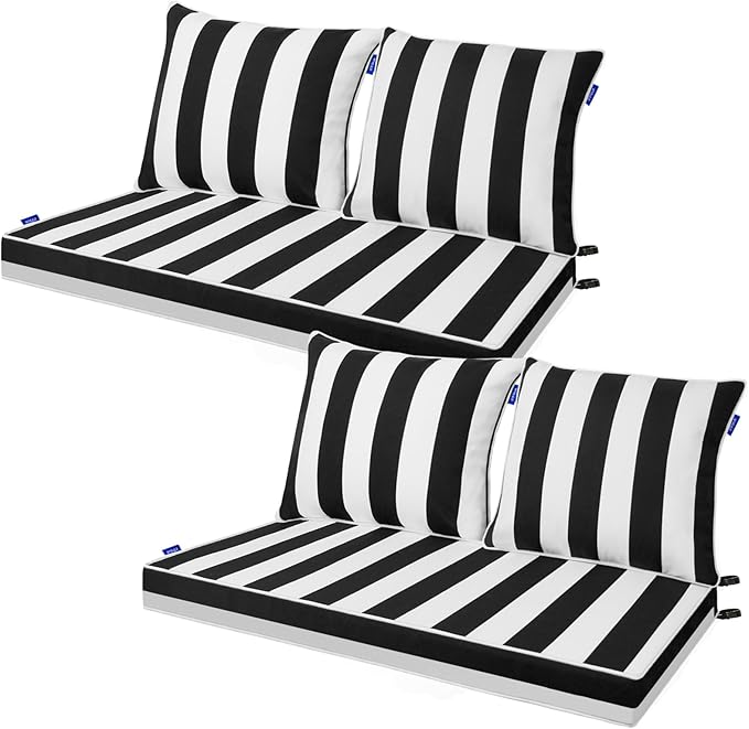 Outdoor Loveseat Cushion Set 44''x24'', Outdoor Cushions for Patio Furniture with Fastness Cover, Water Repellent Outdoor Seat Cushion and Couch Back Cushions for Bench, Swing (Black Stripes, 2 Sets)
