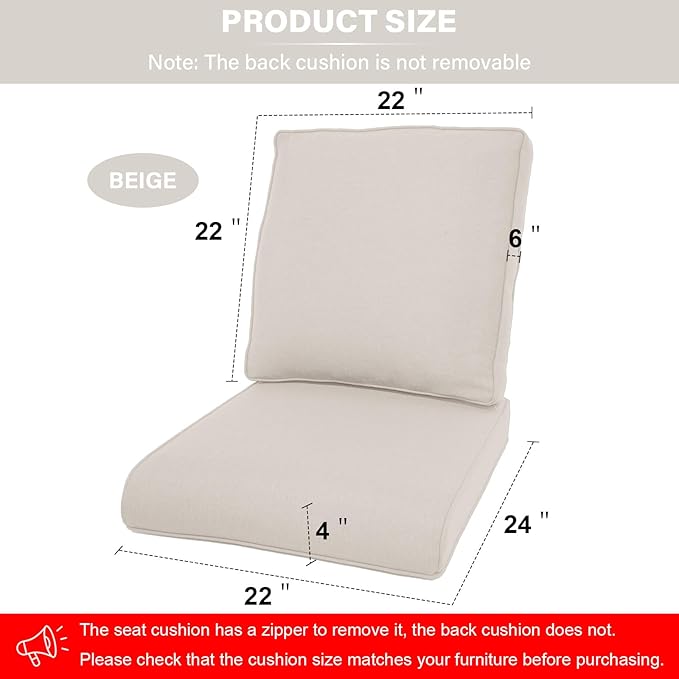 Patio Furniture Cushions - 22 * 24" Outdoor Patio Cushions with Removable Cover, 28D High Density Sponge Filling Outdoor Chair Cushions for Rocker, Sofa and Loveseat - Beige