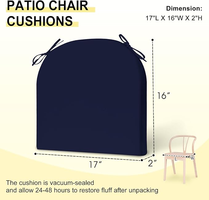 downluxe Outdoor Chair Cushions Set of 6 for Patio Furniture, Water-Resistant Patio Chair Cushions with Ties, High Density Foam Outdoor Seat Cushion, 17" X 16" X 2", Navy