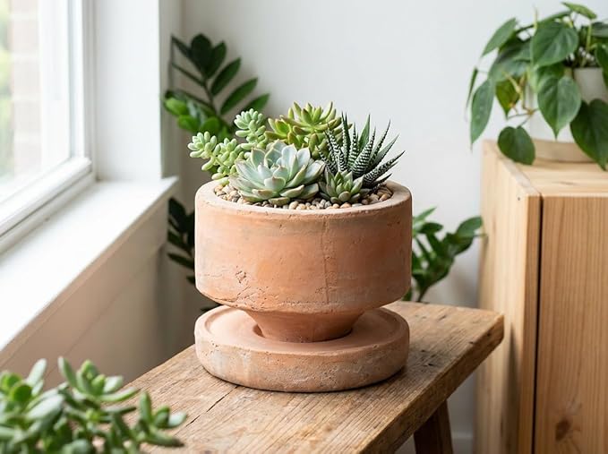 6" Rustic Weathered Terracotta Plant Pot with Drainage Saucer, Breathable Clay Planter, Mid-Century Modern Home & Garden Decor