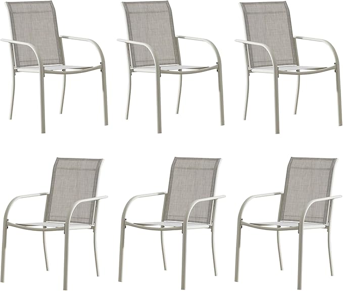Outdoor Patio Dining Chairs Set of 6, Lightweight Stackable Patio Chairs with Curved Armrests & Wide Seat, Heavy Duty 300 lbs Capacity, Garden Chairs for Backyard, Deck, Poolside, Grey
