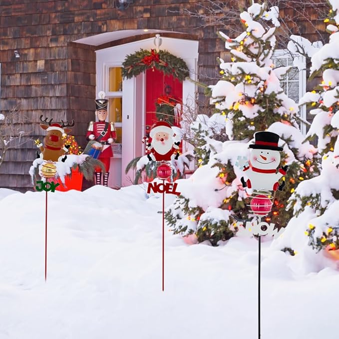 Christmas Solar Garden Lights,3 Pack Santa Claus Snowman Reindeer Solar Stake Lights,Xmas Figurine Lights for Yard Lawn Porch Holiday Decor for Women