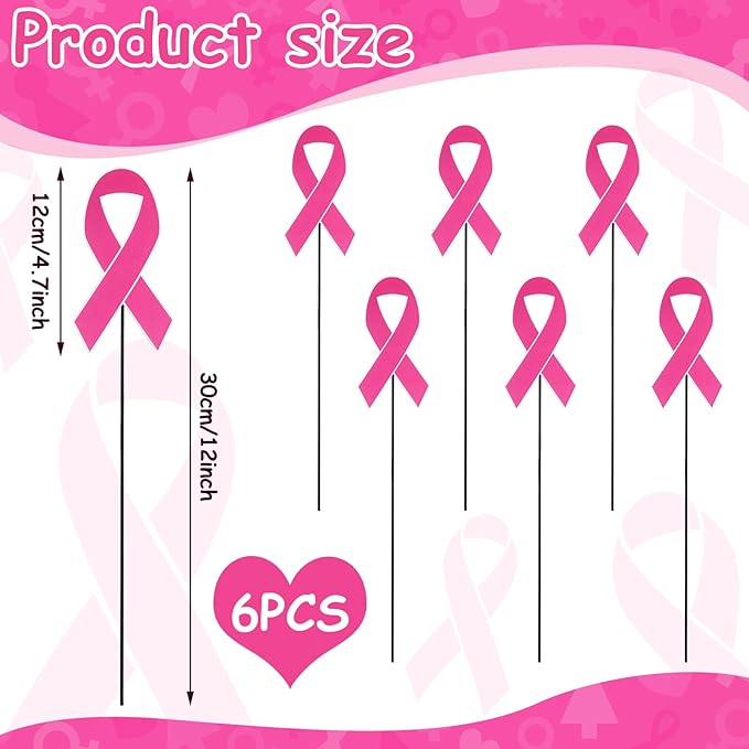 Pickmesh 6 Pcs 12" Breast Cancer Awareness Barn Metal Garden Stake Pink Ribbon Yard Sign Yard Stake for Breast Cancer Awareness Planter Pot Walkway Pathway Outdoor Decor Lawn Decoration