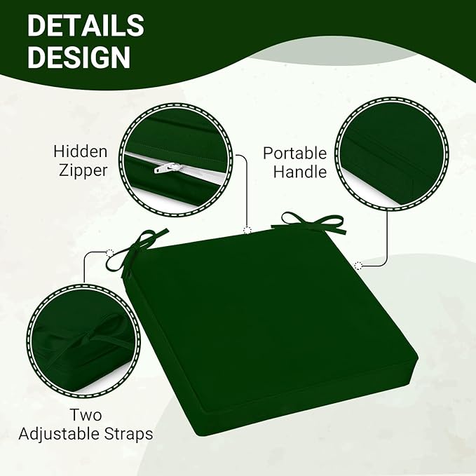downluxe Waterproof Outdoor Chair Cushions Set of 4, 19" x 19" x 3" Patio Chair Cushion with Non-Slip Ties & Handle, Square Outdoor Cushion for Patio Furniture with Removable Cover, Forest Green