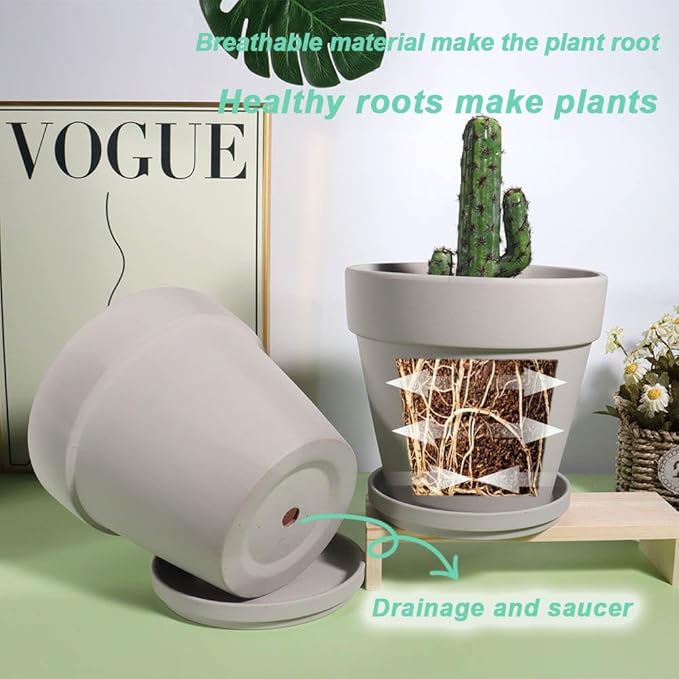 vensovo Gray 8 Inch Terracotta Pot for with Drainage - 2 Pack Large Terra Cotta Plant Pot with Saucers, Flower Clay Pot with Tray, Terracotta pot for Indoor Outdoor