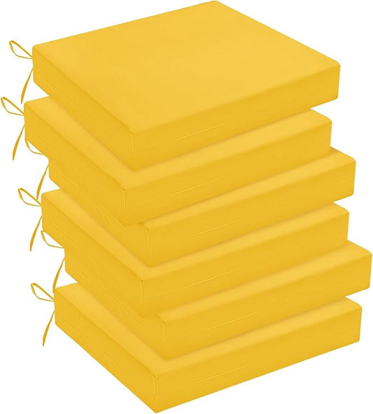 downluxe Outdoor Chair Cushions Set of 6 for Patio Furniture, Water-Resistant Square Corner Patio Chair Cushions with Ties, High Density Foam Outdoor Seat Cushion, 18.5" X 16" X 3", Yellow