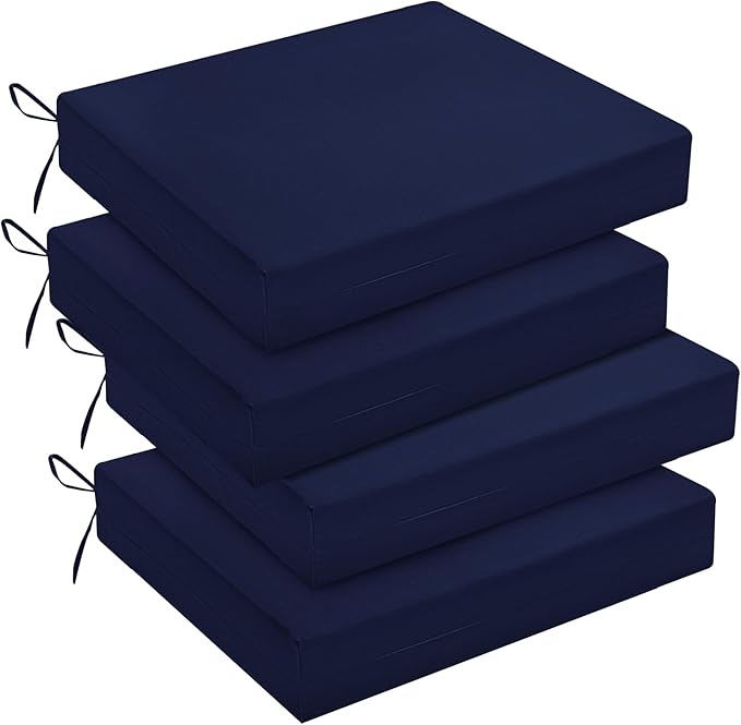 downluxe Outdoor Chair Cushions Set of 4 for Patio Furniture, Water-Resistant Square Corner Patio Chair Cushions with Ties, High Density Foam Outdoor Seat Cushion, 18.5" X 16" X 3", Navy