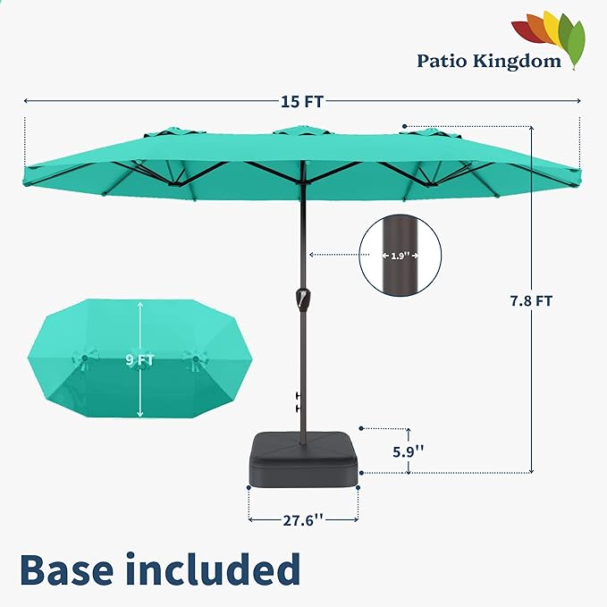 15FT Double Sided Patio Umbrella with Base Included Large Outdoor Market Umbrella with Crank Handle, UV Resistant Canopy, Sturdy Frame for Garden, Poolside, Deck, Turquoise Blue