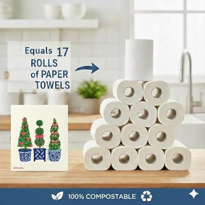 Chrimas Holiday Swedish Dishcloth, Reusable Paper Towel, Super Absorbent Cellulose Sponge, Washable Kitchen Cleaning Cloth (Festive Topiary Trio - 1 Pack)