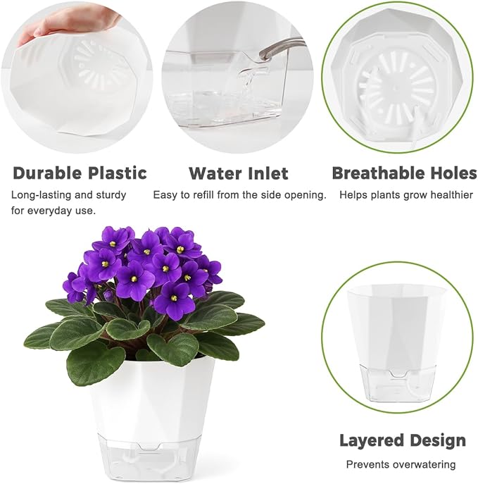 5 Pack Self Watering Plant Pots 6.7 Inches Self Watering Planters for Indoor and Outdoor Plants African Violet Self Watering Pots Clear Pots for Plants Herb Orchid Flower Houseplant Pots, White