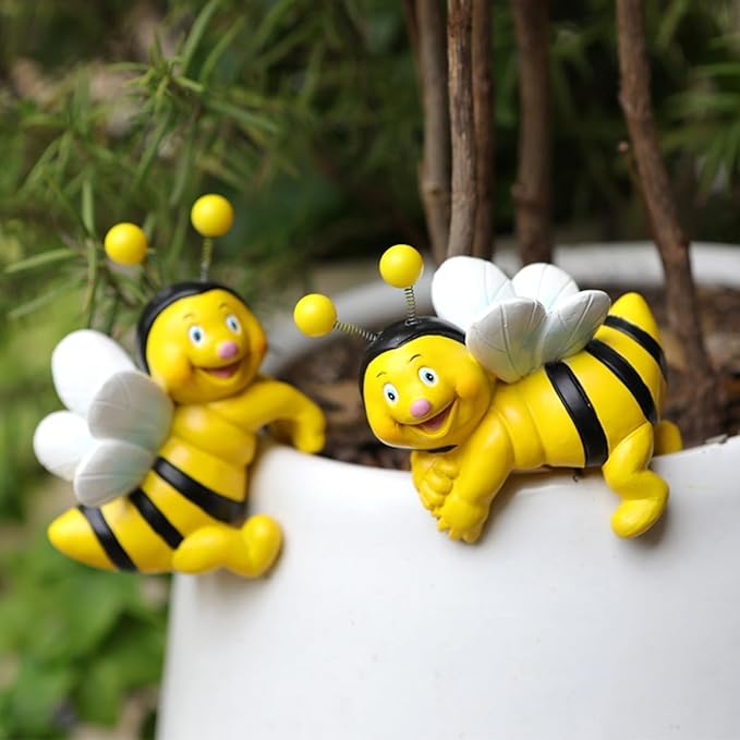 Set of 2 Bee Figure Plant Pot Hanger, Turtle Flower Pot Hugger, Resin Bees Statue, Funny Pot Huggers for Planters, Cute Climbing Bee Flower Pot Hugger, Garden Fence Balcony Patio Yard