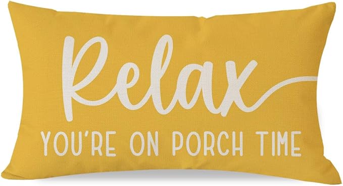PANDICORN Farmhouse Throw Pillow Covers 12x20 Inch Relax Porch Time Yellow Outdoor Spring Summer Decorations Lumbar Decorative Cushion Case for Front Porch Patio Couch Sofa Decor