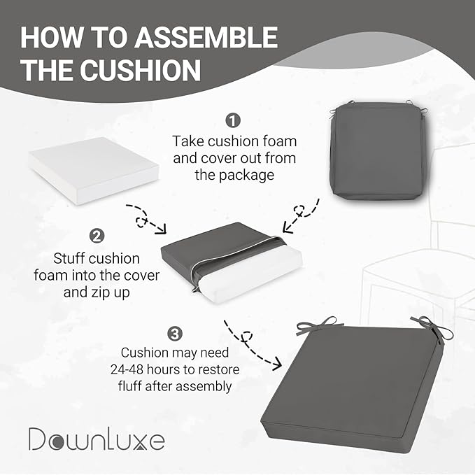 downluxe Outdoor Chair Cushions for Patio Furniture, Waterproof Square Corner Memory Foam Patio Chair Cushion with Adjustable Ties and Portable Handle, 19" x 19" x 3", Dark Grey, 2 Pack