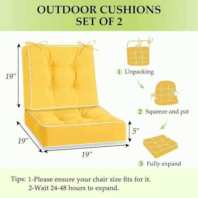 HARBOREST Outdoor Chair Cushions Set of 2, Tufted Patio Chair Cushions with Ties, Square Corner Outdoor Cushions for Patio Furniture, Lawn Chairs, Wicker Chairs, 19" x 19" x 5", Yellow