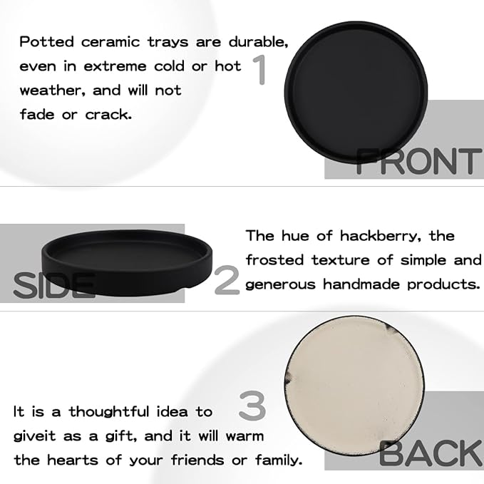 Round 4 Inch Ceramic Plant Saucer Drip Tray Set of 2 for Indoor Small Flower Pots Home Garden Outdoor Flower Plant Pot,Black Saucers