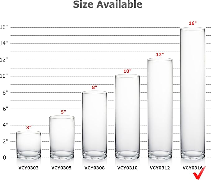 WGVI Quality Thick Weighted Tall Clear Cylinder Glass Vase, 3" W x 16" H, Flower Arrangement Candle Holder Floral Container Wedding Centerpieces Home Decor Bulk Wholesale, 6 Pieces