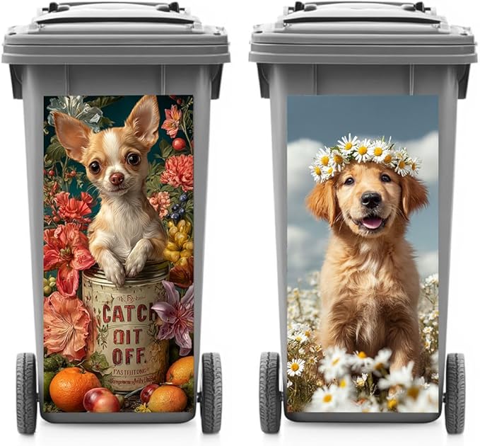 2PC Trash Can Sticker 14.57 x 32.28 Inch Cute Dog Design Floral Theme Decorative Garbage Bin Cover Outdoor Trash Can Decal Art for Home Yard Garden Pet Lovers Decoration