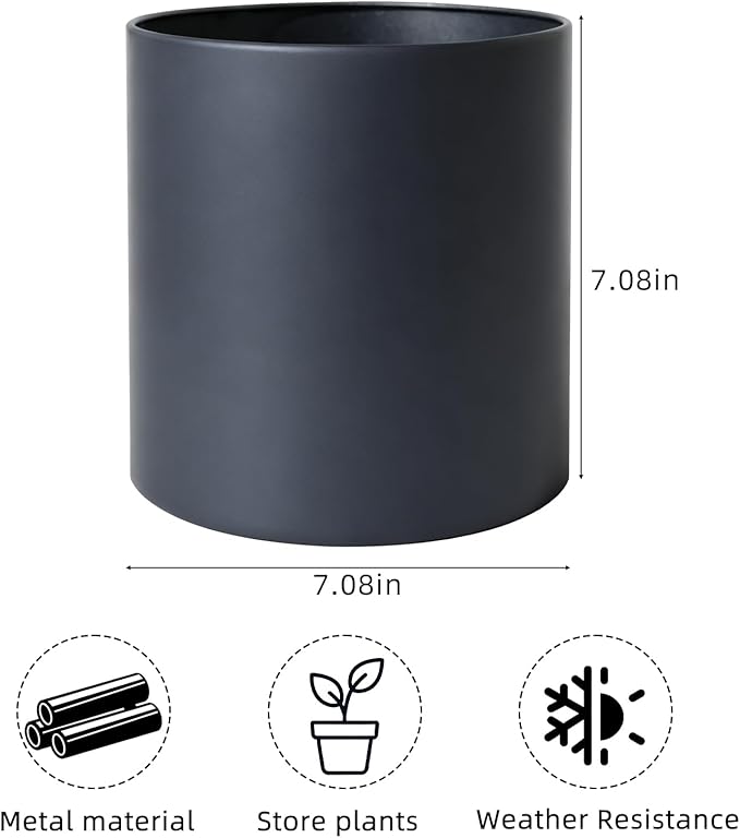 Metal Plant Pot with Drainage Hole,Mid Century Modern 7 inch Round Pot Indoor Outdoor Planters for Decorative Pots of Tabletop Living Room Bedroom Grey