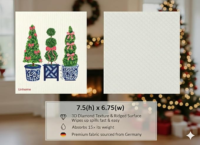Christmas Holiday Swedish Dishcloth, Reusable Paper Towel, Super Absorbent Cellulose Sponge, Washable Kitchen Cleaning Cloth (Evergreen Holiday - 4 Pack)