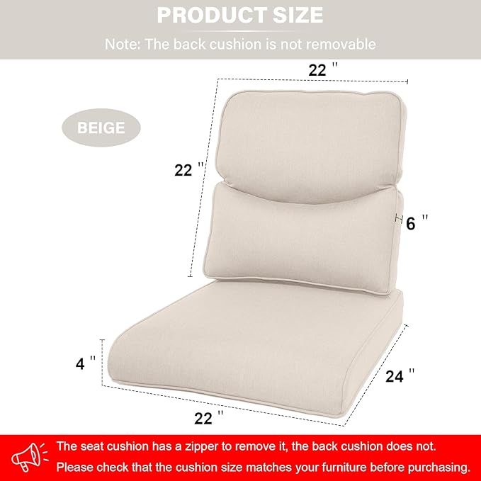 Outdoor Chair Cushions - 22 * 24" Outdoor Patio Cushions with Removable Cover, 28D High Density Sponge Filling Patio Furniture Cushions for Chairs, Rocker, Sofa and Loveseat - Beige