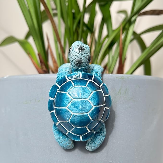 Cute Climbing Tortoise Flower Pot Hugger Figurines Resin Hanging Turtle Statue Planter Pot Decorations for Home Garden Fence Balcony Patio Lawn Yard Ornaments (Blue Sea Turtle)
